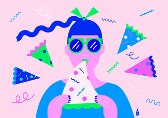 Illustration of girl eating pizza