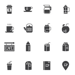 Drinks menu vector icons set, modern solid symbol collection filled style pictogram pack. Signs logo illustration. Set includes icons as take away coffee cup, paper milk pack, menu book, juice package