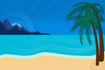 Fototapeta na wymiar Tropical coastal landscape, sandy beach, turquoise sea water, two palms and clear blue sky, summer postcard