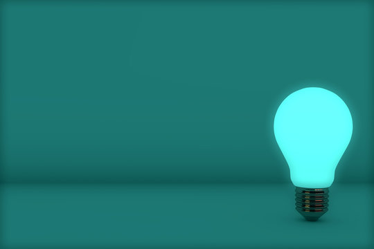 3d Rendering Of Leadership And Different Creative Idea Concepts. Turquoise Shiny Light Bulb On Turquoise Background. Realistic Light Bulbs Idea Banner On Abstract Scene With Place For Text.