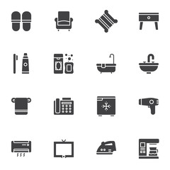Hotel service vector icons set, modern solid symbol collection, filled style pictogram pack. Signs logo illustration. Set includes icons as slippers, armchair, bath accessories, coffee machine, tv set