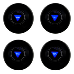 Set of four magic eight balls predictions PERCENTS OFF, DEAL, SALE, GIFT isolated on white background