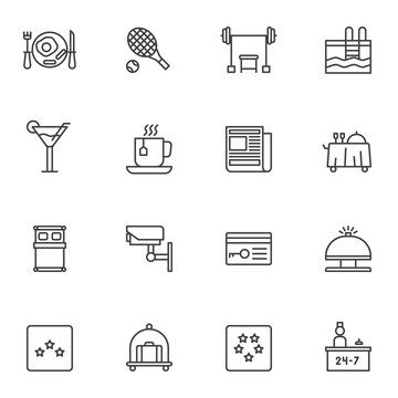 Hotel service line icons set. linear style symbols collection, outline signs pack. vector graphics. Set includes icons as swimming pool, bar drinks, restaurant food tray, reception bell, baggage cart
