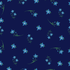 Fototapeta na wymiar Seamless pattern with small blue wildflowers on a classical blue background. Drawn with hands. For textiles, wallpaper, prints, packaging, holiday decor.