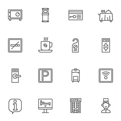 Hotel service line icons set. linear style symbols collection, outline signs pack. vector graphics. Set includes icons as car parking, wireless key, safe box, information support, hotel building, lift