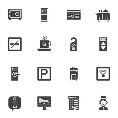 Hotel service vector icons set, modern solid symbol collection, filled style pictogram pack. Signs, logo illustration. Set includes icons as car parking, wireless key, safe box, information support