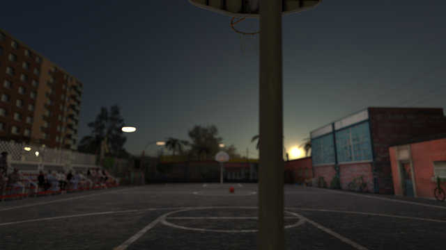 Wide Angle View Of Inner City Urban Basketball Court Nobody Is Playing 3d Render