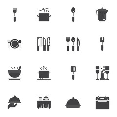 Restaurant kitchen vector icons set, modern solid symbol collection, filled style pictogram pack. Signs, logo illustration. Set includes icons as boiler pot, cooking pan, spoon, knife, butcher, fork
