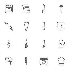 Pastry cooking utensils line icons set. Bakery kitchenware linear style symbols collection, outline signs pack. vector graphics. Set includes icons as stove, food processor, hand mixer, measuring cup