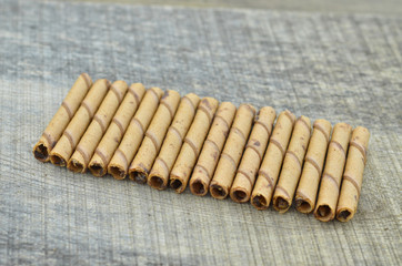 Delicious chocolate waffle roll stick lined up