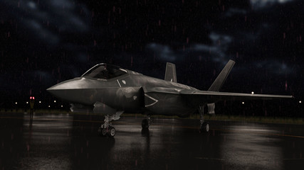 f-35 jet fighter in airport heading toward runway to take off  while under heavy night rain 3d render