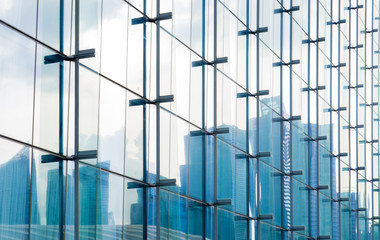 blue color glass building facade detail closeup view