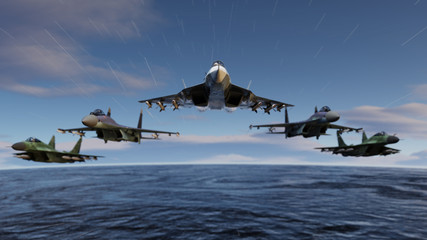 Different type of russian jets flying all together in formation 3d render