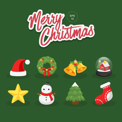Merry Christmas, Vector Illustration, Xmas, Icon, Santa, Snowman, Snow, Belle, Snowball, Snowglobe, Cookie, Christmas Tree Snow, Banner, Poster, Card.