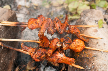 Closeup of a barbecue grill with drumstick