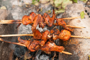 Closeup of a barbecue grill with drumstick