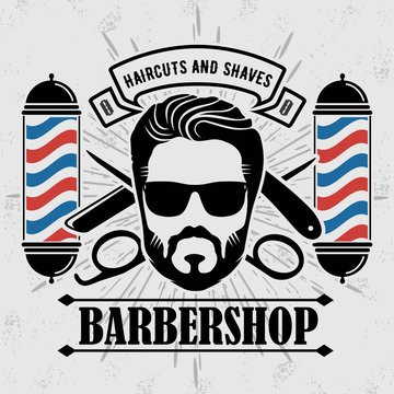 Barbershop Logo with barber pole and bearded men in vintage style. Vector template
