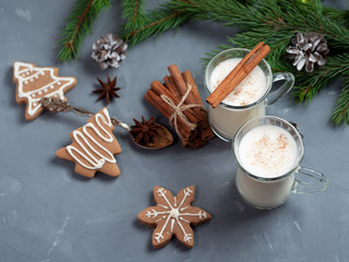 Traditional hot winter and Christmas drink egg nog with cinnamon in glasses on the table with tree branches