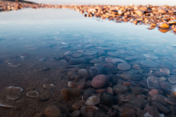 Reflections in a puddle of sea water on a beach surrounded by wet pebbles, defocused foreground.