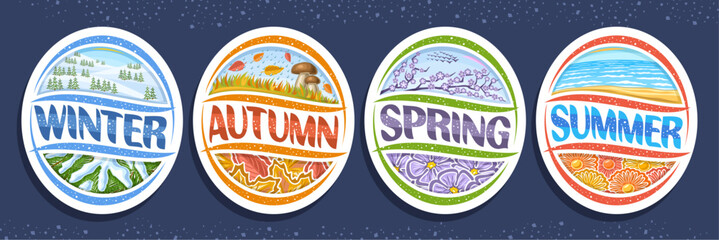 Vector set for Four Seasons, 4 isolated decorative seasonal badges, summer with sea waves, winter with spruce–fir forest in snowy mountains, spring with lilac branch, fall season with autumn rain.