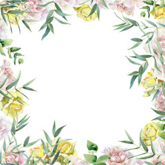 Background of watercolor yellow and pink roses and eucalyptus.