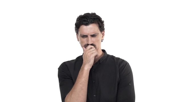 Man trying find resolve. Serious-looking adult masculine bearded man in black shirt, hear question, start think, touch chin thoughtful, look focused squinting perplexed, thinking, shrugging unaware