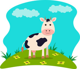 Vector illustration of farm animals with landscape - cute cow in cartoon style.