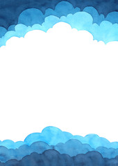 Abstract watercolor hand painting illustration in cloud concept. Bright blue wavy background. High resolution. Design for card, cover, print, web.