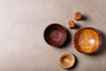 Variety of empty wooden bowls