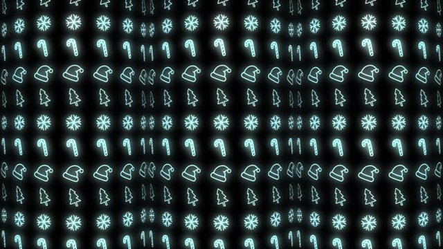 Neon Christmas Pattern Background of Christmas Tree, Snowflake, Santa Hat and Candy Cane in Cyan and Black Looping animation