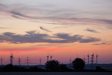 Wind farm with electricity pylons at dusk and red cloud sky