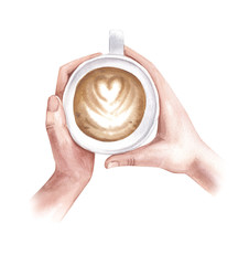 Watercolor illustration on a white background. Hands holding a coffee mug.