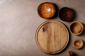 Variety of empty wooden bowls