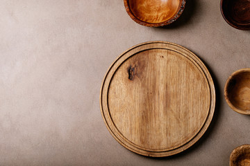 Variety of empty wooden bowls