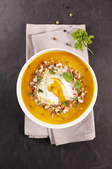 pumpkin soup with cream, top view