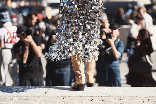 September 27, 2018: Paris, France - Girl wearing a fancy skirt made from glass pieces during Paris Fashion Week, street style concept  - PFWSS19