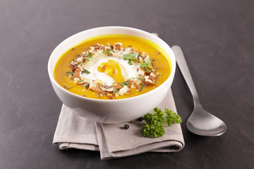 pumpkin soup with cream, top view