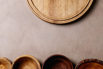 Variety of empty wooden bowls