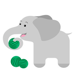 Cartoon elephant eats watermelon. Vector illustration on a white background. Drawing for children.