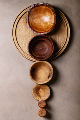 Variety of empty wooden bowls