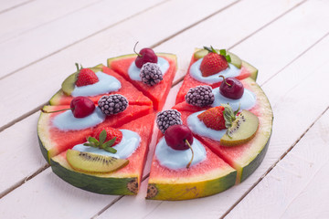 vegetarian pizza of watermelon and other fruits