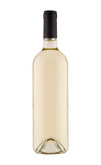 white wine bottle with black cap on white background