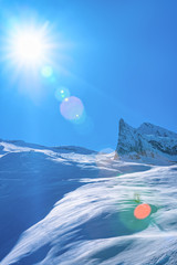 Peaks of Hintertux Glacier ski resort of Tyrol in Austria