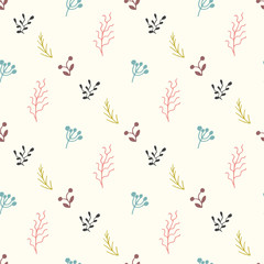 Seamless pattern with sprigs and berries. Vector background. Freehand drawing.