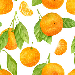 Watercolor tangerine seamless pattern. Hand drawn botanical illustration of mandarin fruits and slices with leaves. Citrus plants isolated on white background for design, textile, package, wrapping.