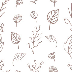 Seamless pattern with leaves and sprigs. Vector illustration. Freehand drawing.
