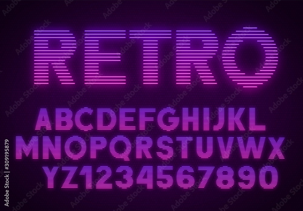 Poster futuristic retrowave font. striped gradient glowing letters and numbers on dark background .