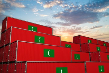 3D illustration Container terminal full of containers with flag of Maldives