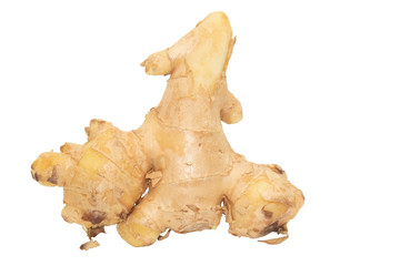 Ginger with isolated white background. Ginger is a biennial plant. With rhizomes The outer skin is yellowish brown.