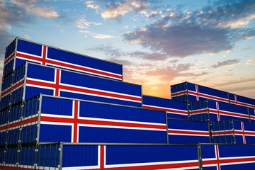 3D illustration Container terminal full of containers with flag of Iceland